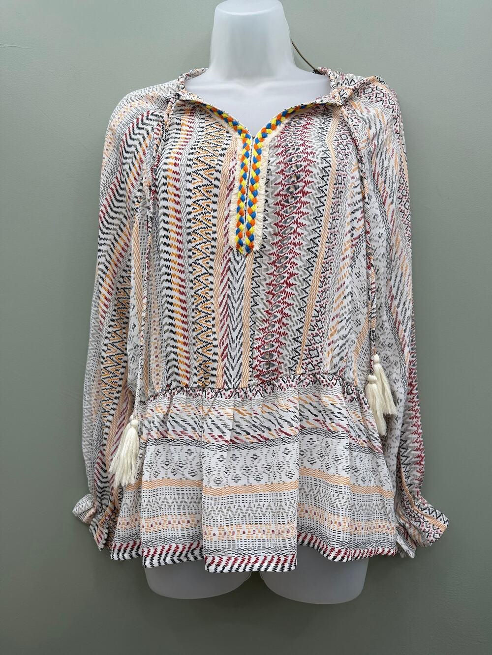 Umgee Boho Geometric Peplum Blouse S Tassel Tie Western Ruffle Sleeve